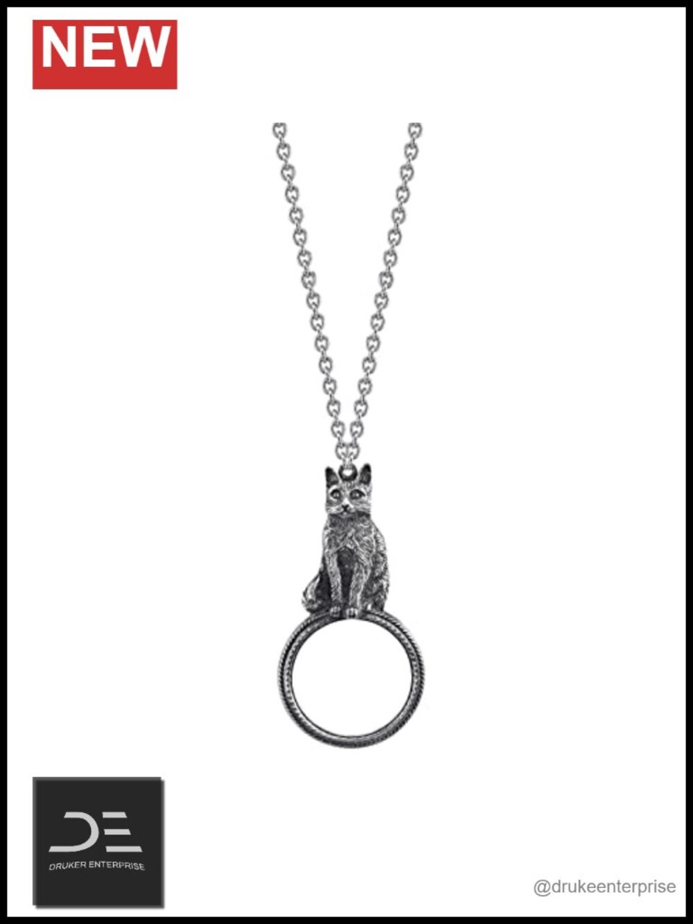 1928 Pewter Cat Magnifying Glass Pendant Necklace 30in